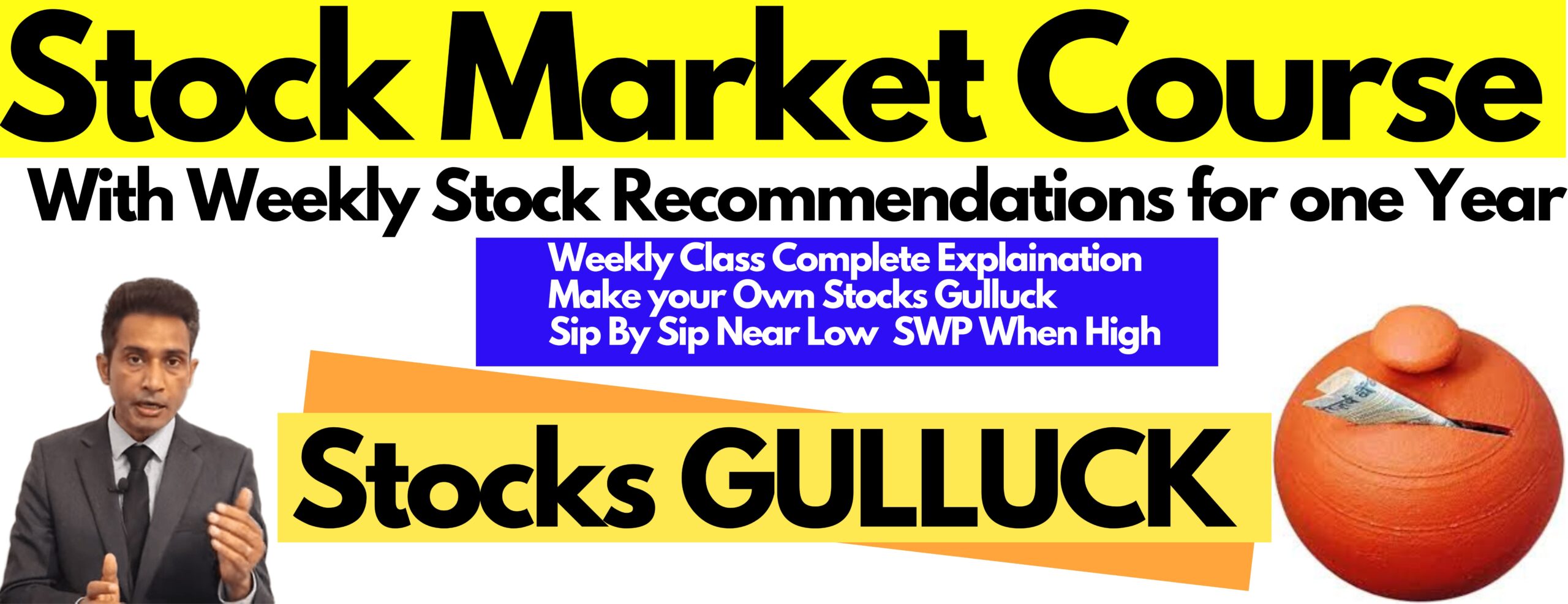 Stock market Practical Learning course 
with weekly live lectures, discussion 
explanation of Rationales 
Weekly Stock Recommendations of two stocks with Accumulation Zone for Sips and short term targets.